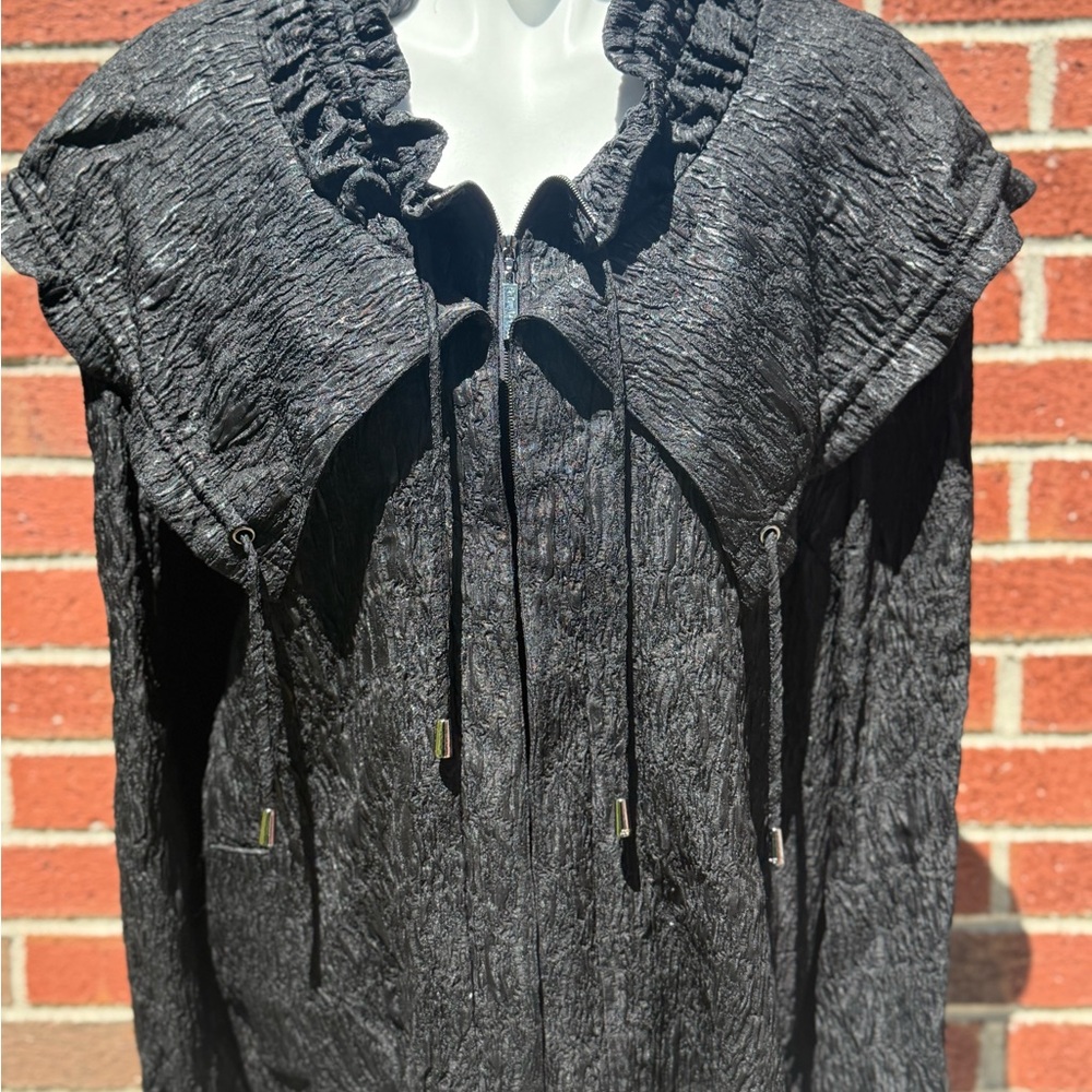 St. John Black Textured Zip Jacket with Ruffle Collar – Size Large